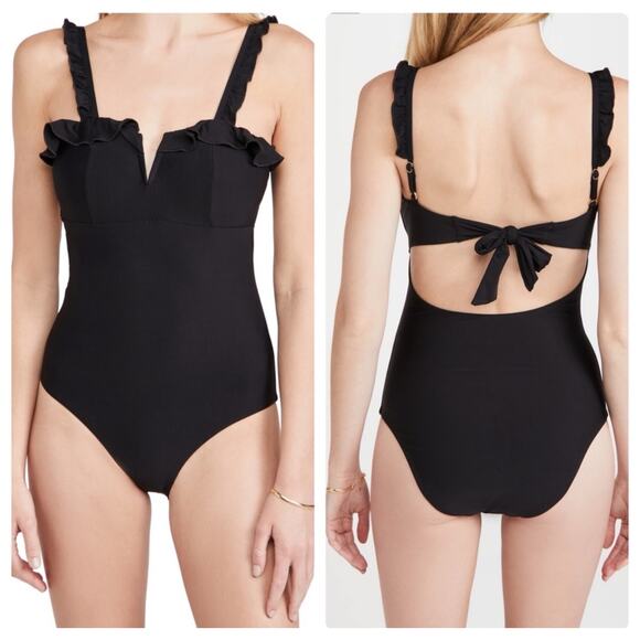 SOLIDO SWIMWEAR Swimsuit Size Small One Piece Black NWT Ruffle Tie Back Swim - Picture 2 of 15